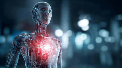 Humanoid robot with exposed red glowing eye standing in a futuristic control room.
