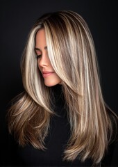 Naklejka premium Beauty portrait of woman with long layered mushroom brown hair, cream blonde money piece highlights, seamless balayage, professional blowout, sleek hairstyle, dark grey background