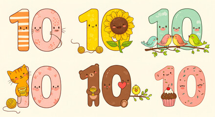 Cute cartoon numbers 10 with animals, flowers, and birds, perfect for kids' party decorations and educational materials