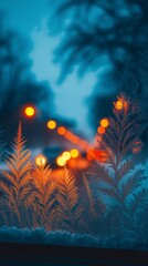 Obraz premium Intricate frost ferns illuminated by warm street lights and car bokeh against a moody blue winter sky, concept for seasonal greetings, advertising and dramatic background display