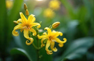 Fototapeta premium Yellow ylang-ylang blossoms bloom with curled petals on green stems. Buds grow beside delicate fragrant flowers. Sunlight creates soft bokeh in garden setting.