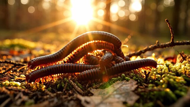 A group of millipedes crawls on mossy soil as sunlight filters through the trees, creating a warm glow. The millipedes intertwine while basking in the sunlit forest environment.