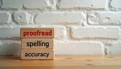 Wooden blocks stacked with words proofread spelling accuracy. White brick wall background. Concept of language text content editing and writing.