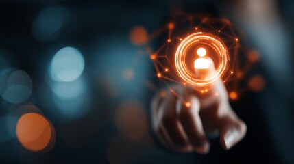 Executive's hand touches glowing orange digital user profile icon network on a dark background, concept for user management, business connection and corporate identity
