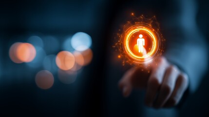 Professional hand pointing to glowing human icon button on digital interface against dark bokeh background, concept for recruitment, talent acquisition and digital transformation