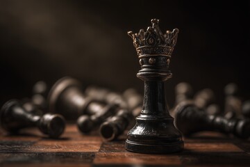 Close-up of a standing black queen piece surrounded by defeated chess pieces on a dark wooden board, concept for victory representation, corporate strategy and competitive leadership