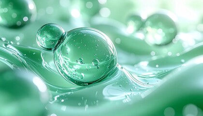 美容液分子が浮遊するマクロ表現 グリーントーンで表現する美容科学ビジュアル ジェネレーティブAI