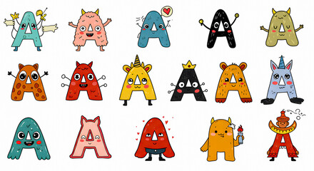 Collection of Cute and Colorful Cartoon Alphabet Letter A Characters with Diverse Personalities and Themes