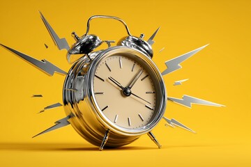 Shiny chrome alarm clock ringing aggressively with stylized lightning bolts on a vibrant yellow studio background, concept for deadline pressure, urgent notification and business time management