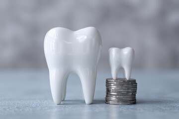 Two white tooth models, one resting on a stack of coins, symbolizing high dental care costs, concept for dentistry finance, insurance plans and investment in oral health