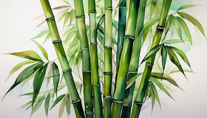 watercolor painting of a cluster of bamboo stalks with lush green leaves against a white background