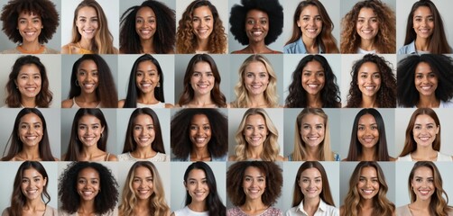 Diverse group of women portraits in collage. Various ages, ethnicities, hair types included. People show happy expressions, smiles. Collection represents modern female community, diverse women power.