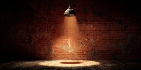 Dramatic spotlight illuminating a distressed wooden floor against a grunge red brick wall background, concept for product placement, theatrical stage design and cinematic backgrounds