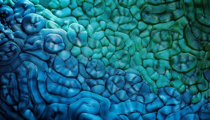 abstract macro close up of textured blue green microscopic structures forming a unique organic pattern