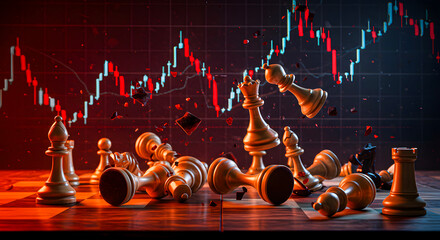 A fallen chess set on a chessboard with a stock market graph in the background symbolizing financial market crash and economic downturn
