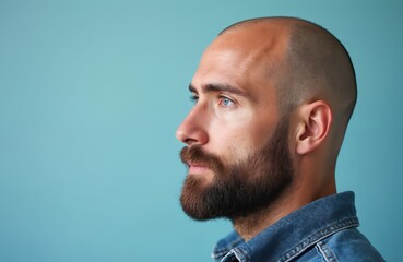 Side profile of bald man with beard and blue eyes, wearing denim shirt against light blue background. He looks thoughtful, embodying modern masculinity and confidence. Clean styled look, headshot.