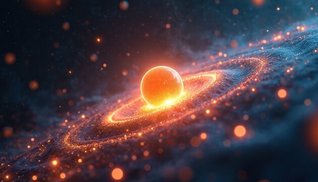 Abstract glowing particle cluster in orbit around central sphere. Cosmic dust and energy swirl together in vast space. Digital artwork depicts atomic structure or galaxy formation.