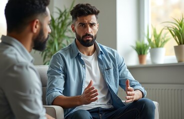 Fototapeta premium Two men intently in a bright room, one gestures with hands while listening. Professional consultation on mental health and personal growth occurs in a modern, relaxed setting.