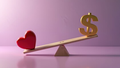 Red heart and golden dollar sign on a seesaw showing financial imbalance. Love weighs less than money on the balance scale. Concept of wealth versus affection comparison.