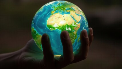 Hand holding globe-shaped light that brightens for environmental enlightenment and green education