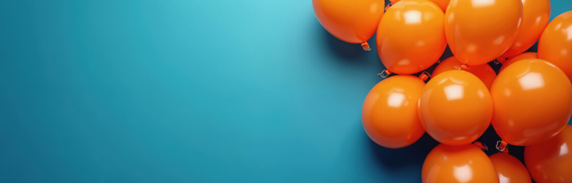 Bright orange balloons cluster on a deep blue background. This festive image offers ample space for custom text, ideal for invitations or party promotions. Fun, celebratory visuals.