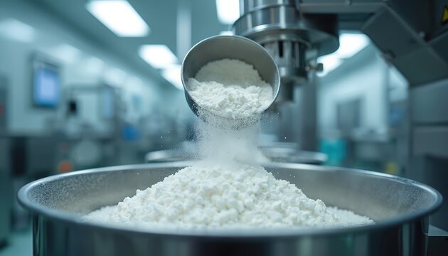 Powder pours into industrial mixer for supplement prep. Automated machinery blends white powder in sterile factory setting. Health, wellness, and nutrition manufacturing process.