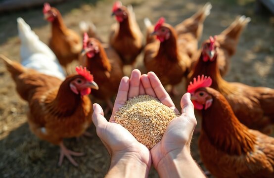 Farmer hands hold grain, feeding chickens flock. Birds gather close, eating seeds in yard. Natural farming, healthy rural life, domestic fowl interaction.