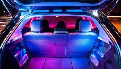 rear view of a car trunk illuminated by vibrant purple and blue led lighting