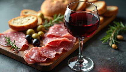 Glass of red wine with charcuterie board full of salami olives and bread. Perfect for party meals and gourmet dining. Offers delicious food for guests.