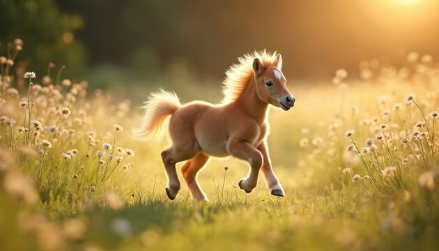 Brown pony foal runs through field of daisies at sunset. Young horse gallops joyfully in meadow. Warm golden light illuminates playful equine in grassy pasture.