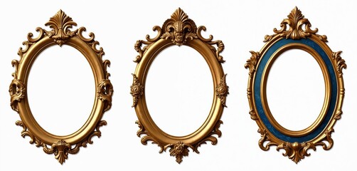 Three ornate gilded oval frames with intricate scrollwork and decorative elements. One frame features a blue inner border, others are plain gold. Isolated on white background.