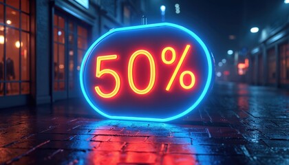 Neon sign advertises fifty percent off deals on city street at night. Discount offer glows red and yellow inside blue neon frame. Retail sale promotion outdoor lit sign.