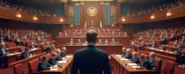 Naklejka premium Man in suit addresses large group in formal legislative hall. Many people sit at desks, listening attentively during government session. Officials debate, make decisions on new policies.