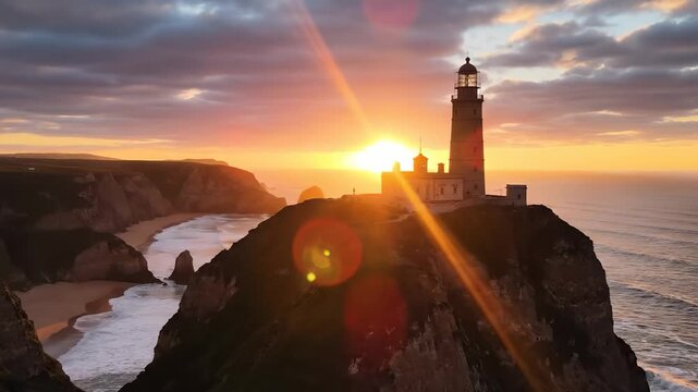 A lighthouse stands prominently on a cliff as the sun sets over the ocean, casting warm light on the rocky landscape. This scene illustrates the lighthouse's role as a guiding beacon during twilight.