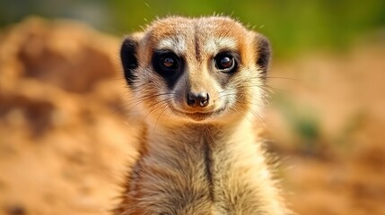 Fototapeta premium A Curious Meerkat Stands Upright in a Sunny Desert Landscape Watching the Camera