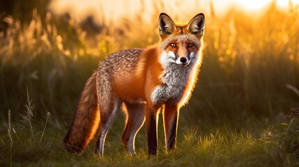 A Curious Red Fox Stands Alert Amid Golden Sunset Grasses In A Quiet Meadow At Dusk