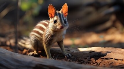 A curious striped mongoose-like mammal with large ears stands alert on a sunlit forest floor beside a fallen log