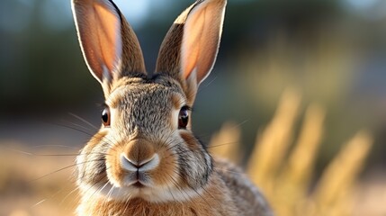 A curious wild rabbit peering into the camera in a sunlit field with tall grasses