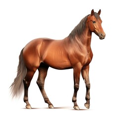 Obraz premium A glossy chestnut horse standing sideways with flowing mane and tail against white background