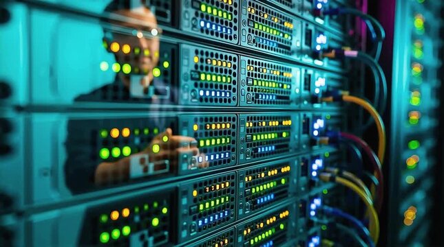 Technician works on server rack in data center for artificial intelligence concept