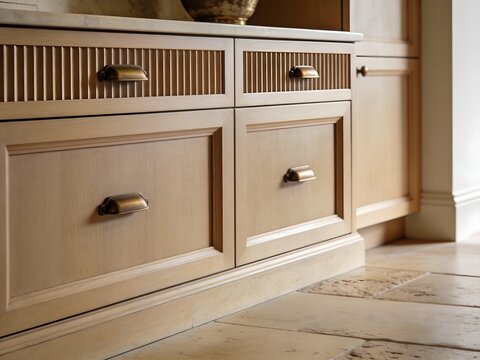 Custom oak cabinetry detail with fluted wood drawers antique brass cup handles and limestone tile floor for luxury kitchen or bathroom home organization design