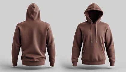 Blank Brown Hoodie Mockup Showing Front And Back Views Floating Against A Clean Grey Studio Background For Apparel Design Presentation And Clothing Brand Merchandising Template