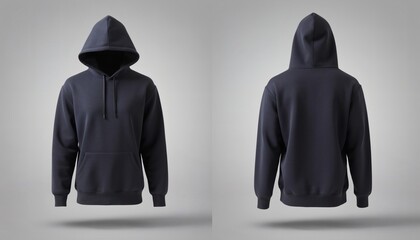 Realistic Blank Black Hoodie Mockup With Front And Back Views Floating Against A Clean Grey Studio Background Featuring Detailed Fabric Texture And Soft Shadows For Apparel Design