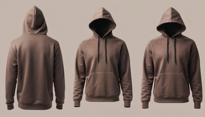 Blank Brown Hoodie Mockup Template Displayed In Front And Back Views On Soft Beige Background Featuring Realistic Texture And Shadow Details Perfect For Apparel Design And