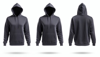 Blank Dark Grey Hoodie Mockup Set With Front And Back Views Isolated On White Background For Branding And Custom Design Presentation With Realistic Shadows And Texture