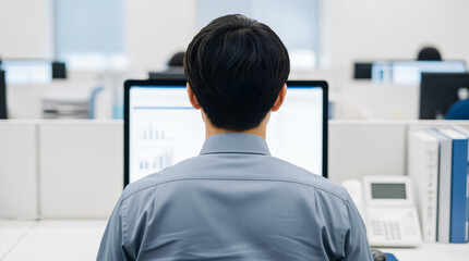 Japanese Businessman Working on a Computer in Office Back View