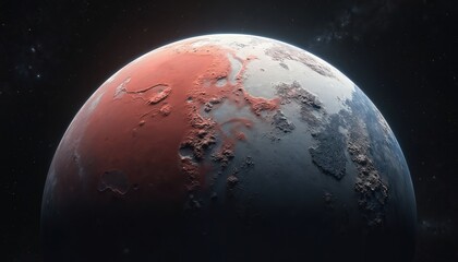 Dwarf planet Pluto surface view with distant stars and nebulae. Icy terrain contrasts with reddish mineral deposits. Expansive dark space surrounds the cold celestial body.