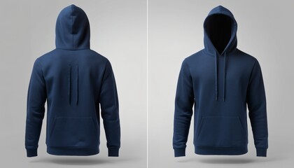 Realistic Blank Navy Blue Hoodie Mockup Front And Back View Isolated On Grey Background For Design Presentation And Commercial Merchandising Template Display