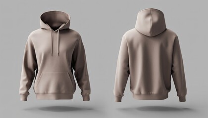 Blank Beige Hoodie Mockup Front And Back View Floating In Mid Air Isolated On Grey Background With Shadows For Apparel Design And Branding Presentation Template