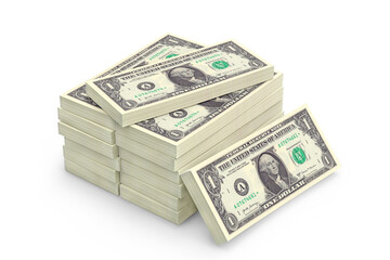 Stack of US One Dollar Banknotes on a white background